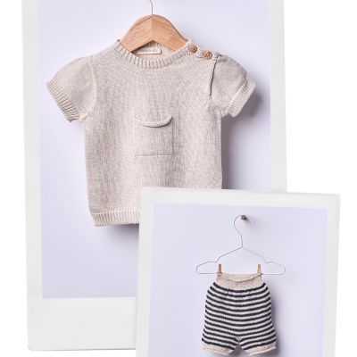 Wedoble - Completo Maglione a maniche corte e pantaloncini lavorati a maglia in cotone biologico